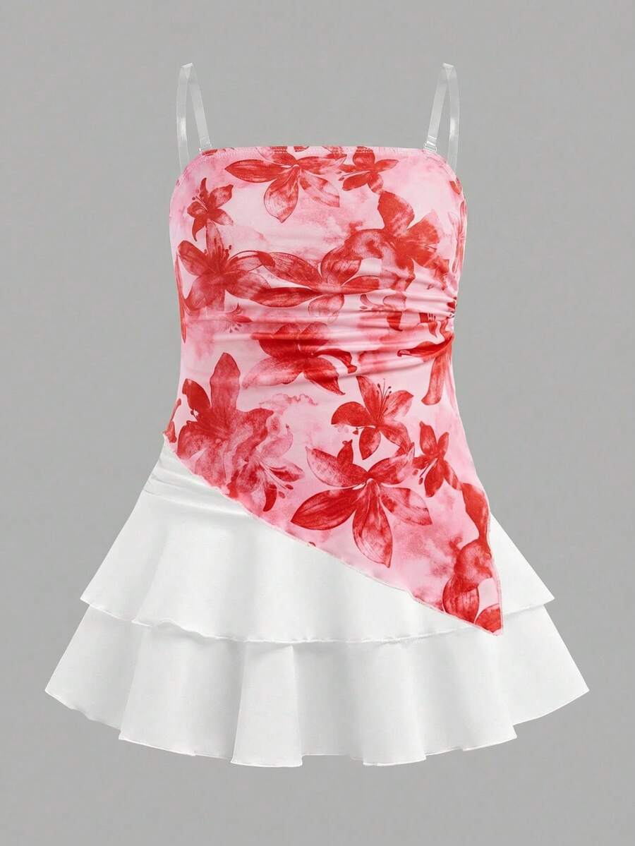 SHEIN Leap Crew Tween Girls Floral Print Ruched Hem Cropped Cami Top With Sheer Strap & Layered Mini Skirt 2 Pieces Set,White Summer Y2k Vacation Resort Dress Outfit - Hot Pink - View 1
