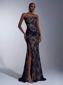 Elitara 优雅奢华复古法式风格3D立体骨线睫毛波浪荷叶边刺绣褶裥开衩鱼尾裙摆女士宴会礼服、网红网纱连衣裙、商务连衣裙、宾客礼服 - 藏蓝色 - 查看 4