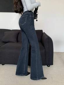 Dazy Tall Jeans de campana elegantes para mujer con lavado desgastado - Azul lavado oscuro - Ver 3