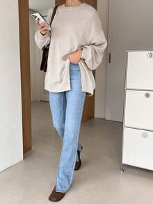 DAZY Drop Shoulder Split Hem Sweatshirt,Long Sleeve Tops,Fall Clothes,Back To School Clothes - Grey - View 5