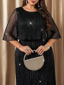 Reflora Plus Size Solid Color Round Neck Raglan Mid-Sleeve Elegant Minimalist Long Dress - Black - View 3