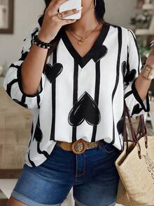 Weeklong Random Striped Heart Print Plus Size Women V-Neck Lantern Sleeve Blouse - Multicolor - View 1