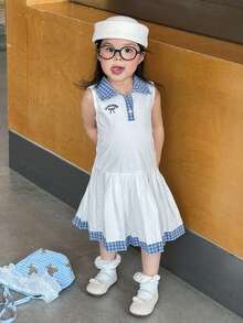 DAZY 女婴翻领格子韩版无袖英文印花休闲夏季连衣裙 - 白色 - 查看 3