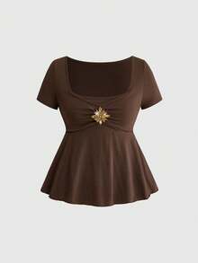 ROMWE Hippie Wooden Bead Embroidered Square Neck A-Line Short Sleeve T-Shirt, Casual Summer - Coffee Brown - View 1