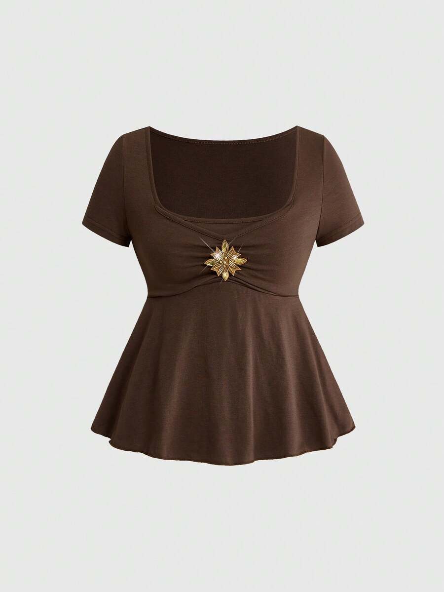 ROMWE Hippie Wooden Bead Embroidered Square Neck A-Line Short Sleeve T-Shirt, Casual Summer - Coffee Brown - View 1