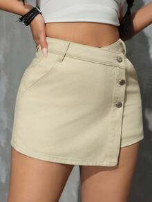 SHEIN PETITE Celana Pendek Denim Kasual Wanita Warna Polos Model Lilit, Musim Panas, Wanita Bertubuh Mungil - Kuning muda - View 5