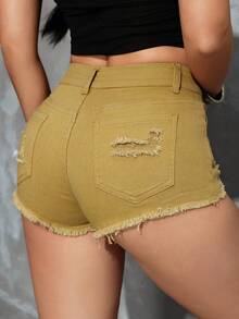 SHEIN PETITE Women's Solid Color Brushed Denim Button Shorts, Suitable For Summer Wear ,Petite Women - Khaki - View 2