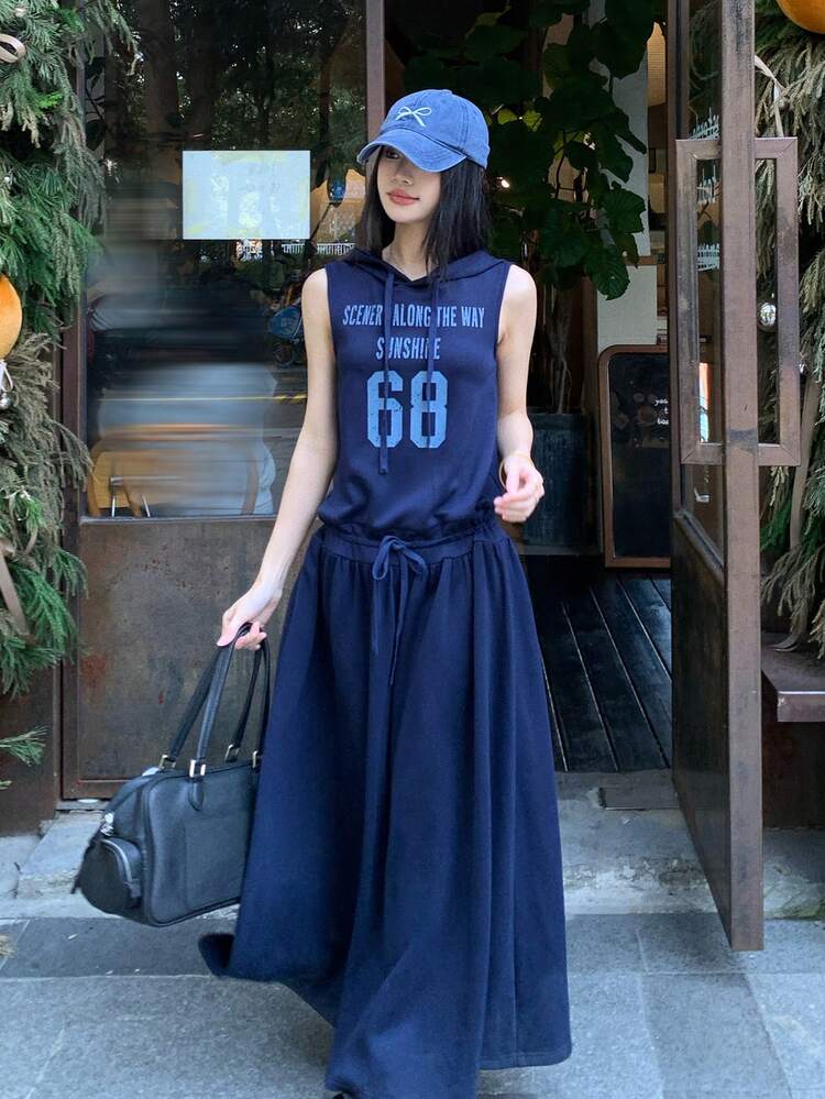 Women's Navy Blue Hooded Sweatshirt Casual Sleeveless Waist Cinched Midi Dress Sundress