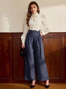Vintamour Vintage Classic Elegant Women's Pants, Fitted Contrast Trim Long Pants, Button Closure Brown Trousers, Autumn/Winter Navy Blue Pants Elegant Pants For Women High Waist Pants Woman - Dusty Blue - View 4