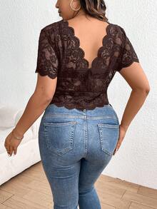 Firerie Plus Size Lace Hem Short Sleeve Summer Corset Black Top Cropped Top - Brown - View 2