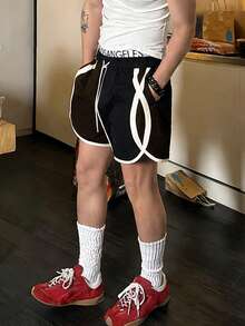 Manfinity Dauomo 休闲时尚撞色滚边男士短裤 - 黑色 - 查看 2