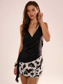 Avenya Women's Summer Simple Solid Color Waist Ruched Asymmetric Hem Camisole - Black - View 3