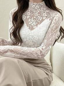 FRIFUL 女士花卉蕾丝领长袖修身衬衫 - 白色 - 查看 1