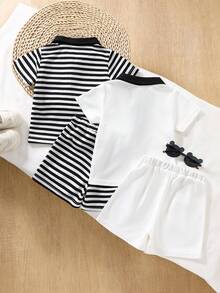 SHEIN 两件套男婴卡通熊印花 Polo 衫和短裤休闲套装 - 彩色 - 查看 2