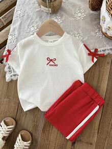 SHEIN 2pcs/Set Baby Girl Casual Street Style Black T-Shirt And Pants Set - Red - View 4