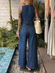 DAZY 女士圆领无袖蝴蝶结背心和宽松直筒牛仔裤休闲套装 - 中等水洗藍 - 查看 6