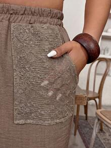 Weeklong Plus Size Casual Vacation Lace Pocket Decor Capri Pants, Comfortable & Slimming Baggy - Mocha Brown - View 2