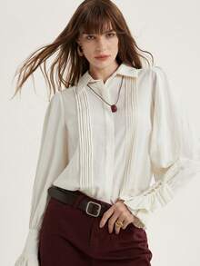 Frievida Áo sơ mi dài tay kiểu Pháp cổ điển, cổ xếp ly, trang trí cúc, dáng thường ngày. - trắng - Xem 3