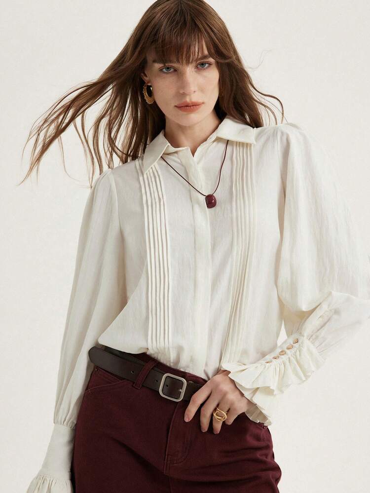 Camisa de manga larga con cuello plisado, botones decorativos y estilo casual francés vintage - Blanco - Añade 3