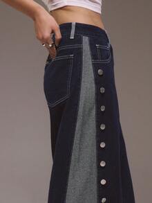 MUSERA Detail Kancing Denim Celana Jeans Pinggang Sedang Hanya Musim Dingin Lucu Streetwear Santai untuk Keluar Gaya Barat Faded - Medium Wash - View 2