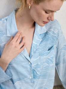 Ocili 舒适纯棉条纹女士睡衣套装 - 藍色 - 查看 4