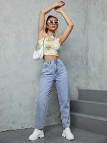 SHEIN ICON Quần jeans nữ màu trơn cạp cao, túi xéo, kiểu dáng thường ngày, đa năng. - Màu xanh lam - Xem 5