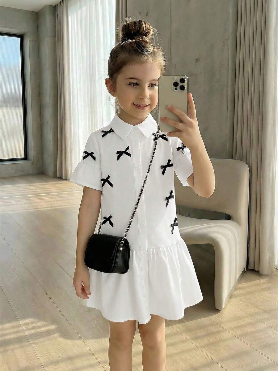 Elladie kids 女童白色中长款短袖喇叭袖蝴蝶结纽扣前开襟甜美休闲连衣裙，夏季两件套女童白色休闲连衣裙，女童连衣裙，儿童女童星形衬衫半身裙两件套，儿童水手服连衣裙，女童黑白教堂连衣裙，儿童白色百褶连衣裙，女童亲子装，姐妹亲子装，白色可爱连衣裙，女童连衣裙，白色印花连衣裙，女童休闲连衣裙，女童翻领连衣裙 - 白色 - 查看 1