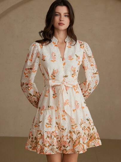 Aveloria Rosie 法式浪漫高端镂空刺绣定位印花度假风性感V领腰带开衩蛋糕裙短款长袖连衣裙