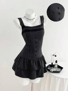 Elamini 女士通勤、返校、日常穿着黑色条纹蕾丝边迷你连衣裙 - 黑色 - 查看 1