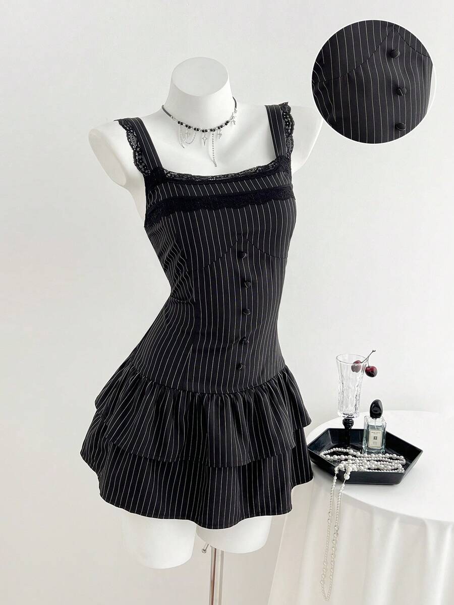 Elamini 女士通勤、返校、日常穿着黑色条纹蕾丝边迷你连衣裙 - 黑色 - 查看 1