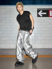 ROMWE MEN Street Life Men's Solid Color Minimalist Casual PU Leather Cargo Pants - Multicolor - View 2