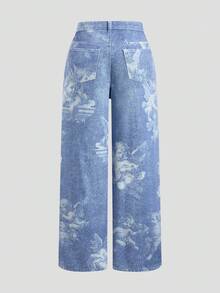 SHEIN MOD 女士天使印花斜插口袋休闲百搭阔腿牛仔裤 - 藍色 - 查看 3