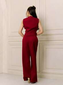 Criza Taa Women's Summer Gold Button Sleeveless Blouse & Draping Wide-Leg Pants Set, Versatile - Burgundy - View 5