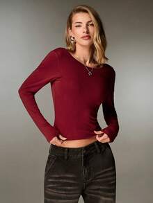 Nuvra Suéter negro de mujer con espalda descubierta y sujetador acolchado 2 en 1, manga larga, camiseta sexy y versátil de cuello redondo, otoño/invierno - Burdeos - Ver 4