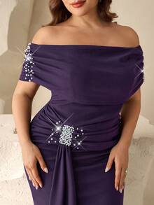 Coutiva Plus Size Women's Elegant Off-Shoulder Pearl Rhinestone Mermaid Gown,Purple Spring Evening Formal Party Dress,Modest Satin Ruched Waist Wedding Gown - Purple - View 6