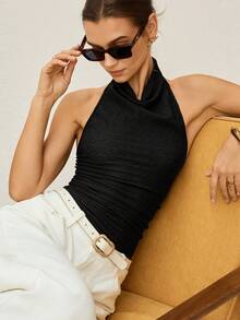 Lymera Women's Fashionable Sexy Casual Versatile Black Textured Jacquard Pleated Halter Neck Top, Spring/Summer - Black - View 1