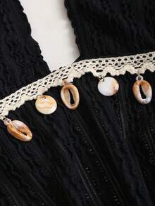 Sweetra Women's Sexy Backless Halter Neck Patchwork Shell Strap Asymmetrical Hem Beach Vacation Top. Spring/Summer Vacation Outfit. - Black - View 3