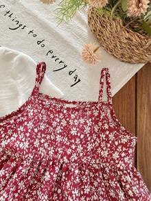 SHEIN LMoss Kids 女婴夏季可爱碎花吊带连衣裙和短袖针织上衣套装 - 紅色 - 查看 7