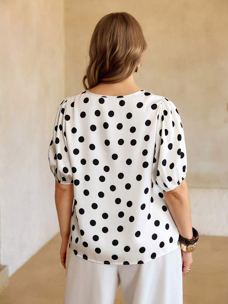 Roveilla Plus Size Polka Dot White Casual Vacation Shirt, Spring/Summer Tops For Women Elegant Polka Dot Shirt Puff Sleeve Tops Polkadot Top Black And White Polka Dot Top Puff Sleeve Blouse Polka Dot Two Piece Set Polka Dot Outfit Women Poka Dots Top Casual Elegant Blouse Dot Blouse Women S Summer Outfits Blouse For Women Polka Dots Top - Black and White - View 2