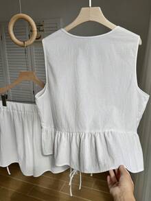 SHEIN EZwear 大尺碼女款純棉兩件套，白色紅白格紋繫帶前襟三蝴蝶結上衣與短褲，夏季海灘度假居家休閒套裝 - 白色 - 查看 2