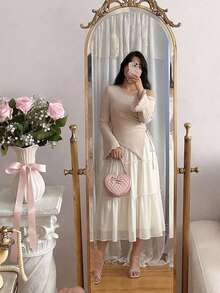 SHEIN MOD 大码女式杏色抽绳不对称下摆喇叭袖 T 恤、露肩 T 恤、秋季女装、舒适 T 恤 - 杏色 - 查看 4