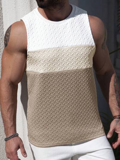 Manfinity CasualCool Men's Casual Crew Neck Sleeveless Vacation-Style Color-Blocked Tank Top, Beach Sports Tank Top, Men's T-Shirt Tank Top, A Summer Gift For Your Boyfriend.Men Old Money,Daily Leisure, Weekend Trips, Outdoor Activities, Travel Expeditions, Relaxed Work Environments Or Semi-Formal Occasions, Boyfriend/Husband Gift, Anniversary /Birthday Gift Party Summer Vacation Holiday,Wedding,Spring To Summer,Easter,Y2k,Vintage,Mens Summer Textured Knit Sleeveless Shirt Round Neck Colorblock Chest Muscle Fitness Tank Top,Men Sleeveless Tops,Men's Muscle Shirt,Workout Tanks For Men,Tan Tops For Men,Mesh Top For Men