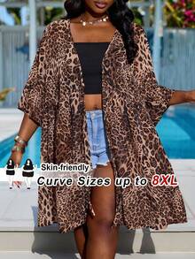 SHEIN CURVE+ Curve 尺码 US22 音乐节、海滨度假、波西米亚风女士豹纹和服，喇叭袖和服，前系带设计，休闲复古风，旅行、机场、显腰，沙滩和服，日常休闲装，简约时尚和服，优雅日常派对，波西米亚风上衣，夏季海滩度假女士沙滩装 - 棕色 - 查看 6