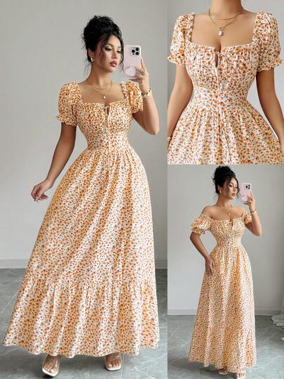 Elenzga Nuevo vestido largo elegante de mujer con estampado digital, manga corta de globo, nudo delantero, espalda descubierta, cintura ceñida, favorecedora y elegante para vacaciones y citas