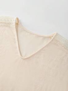 Breezaya Fashionable Hollow Out Knit Short Sleeve T-Shirt, Loose & Slimming V-Neck Casual Top - Apricot - View 6