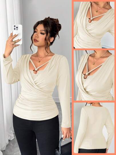 Elenzga 大码女式时尚腰带圆环装饰二合一T恤，适合海滩度假、海滩旅行、通勤时尚职场、情人节、音乐节、母亲节、万圣节、感恩节、复活节、国庆节、新年、约会派对、圣诞节、婚礼季、秋冬季等场合。