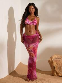 Opulessa 女士印花性感比基尼套装，适合海滩度假 - 玫紅色 - 查看 3