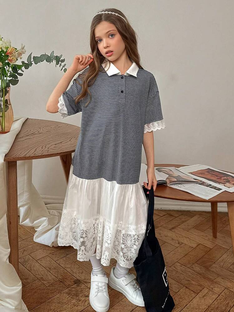 Tween Girls' Casual Striped Contrast Lace Drop-Shoulder Dress, Summer