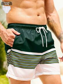 Manfinity KASUA Men's Striped Elastic Waist Drawstring Casual Beach Shorts, Versatile For Summer - Dark Green - View 5