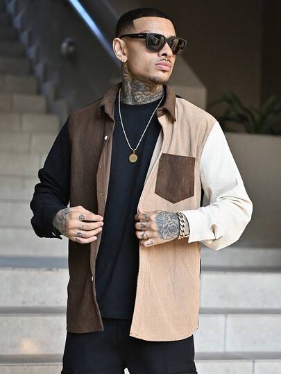 Devon Thys Giacca casual da uomo in velluto a coste con pannelli a contrasto, collo a bavero, maniche lunghe, adatta per l'autunno